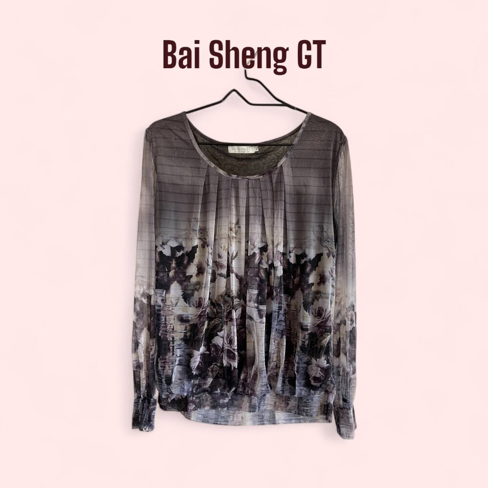 Women’s XL Long Sleeve Sheer Blouse – Gray, Black ,White Floral Pleated Neck Top